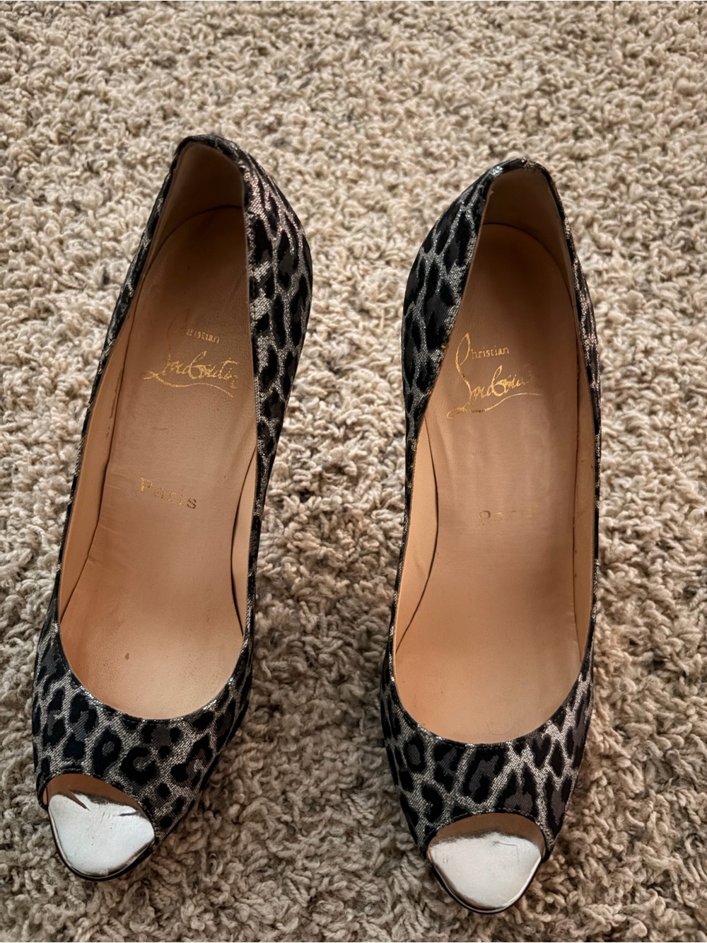Christian Louboutin Black & Silver Leopard Peep-Toe Heels